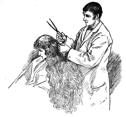 Illustration by Frank T. Merrill of Jo getting her hair from Little Women by Louisa May Alcott