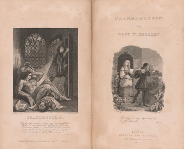 Shelley, Mary Wollstonecraft, Frankenstein: or, the modern Prometheus. London, Henry Colburn and Richard Bentley, 1831, frontispiece and title page 