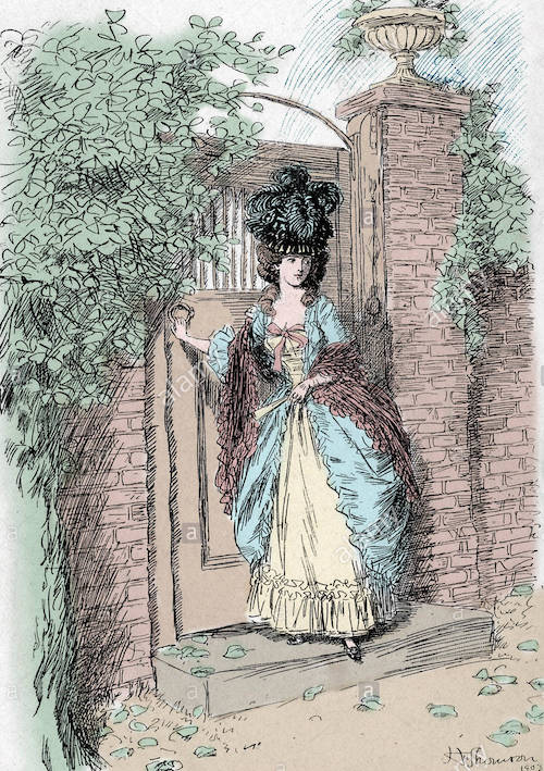Illustration from Evelina by Fanny Burney; Evelina shutting the garden gate