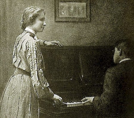 Helen Keller by the piano, early 1900s