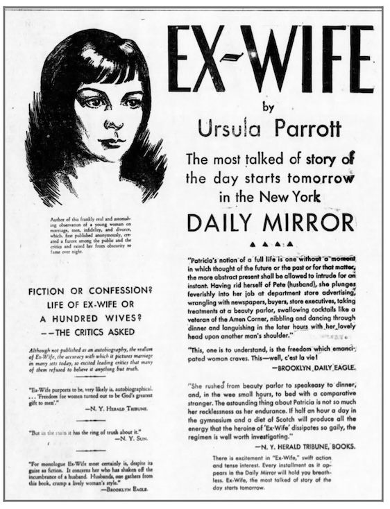 Ex-Wife by Ursula Parrot newspaper ad, 1929